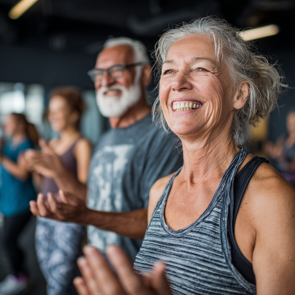 Mature adults enjoying group fitness class with positive energy and smiles