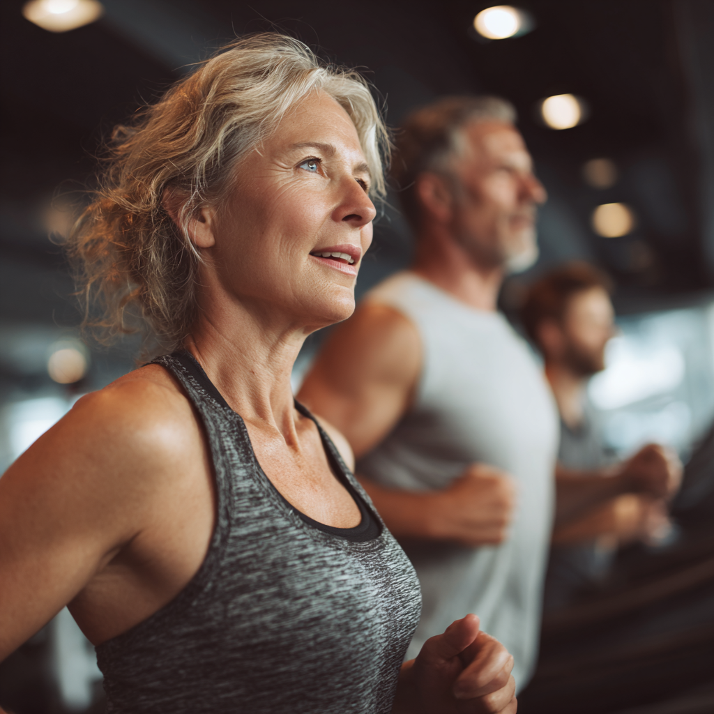 Middle-aged woman and man exercising with personal trainer in modern gym environment